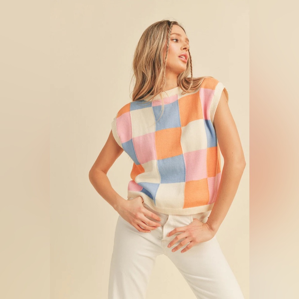 &merci Womens Multi Colored Checkered Ivory Sweater Vest‎ Preppy Large